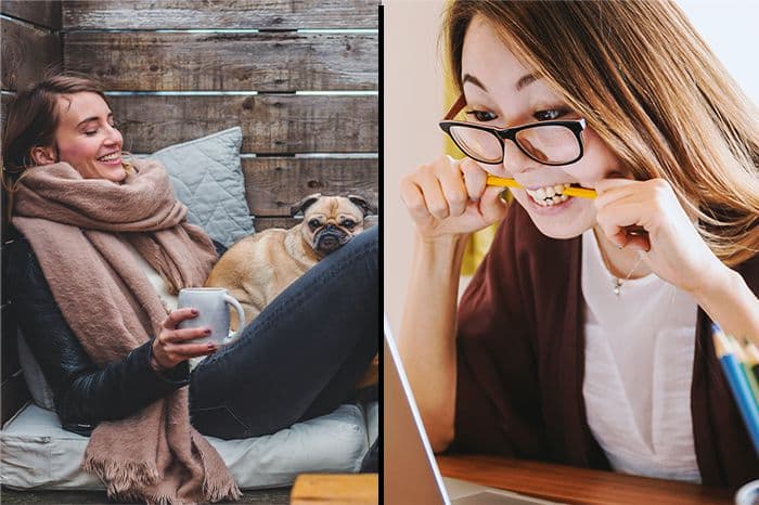 metade é uma mulher estressada e a outra uma mulher bem relaxada