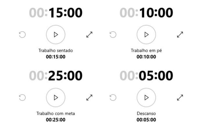 exemplo com quatro cronômetros para lembrar de trabalhar em pe sentado e descanso